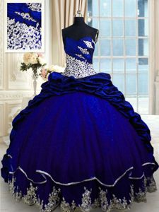 Sleeveless Taffeta Brush Train Lace Up Quinceanera Gown in Royal Blue for with Beading and Appliques and Pick Ups