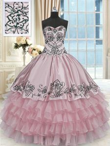 Noble Beading and Embroidery and Ruffled Layers Ball Gown Prom Dress Pink Lace Up Sleeveless Floor Length