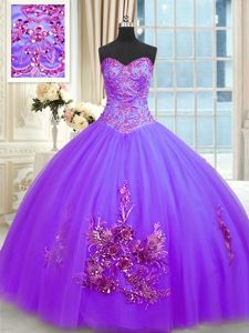 Superior Sweetheart Sleeveless Tulle Quince Ball Gowns Beading and Appliques and Embroidery Lace Up