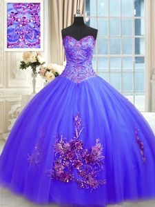 Modest Blue Sleeveless Embroidery Floor Length Quinceanera Gowns