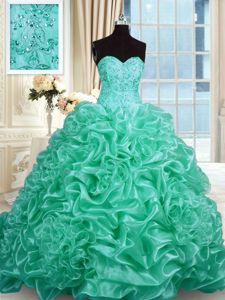 Exquisite Turquoise Ball Gowns Organza Sweetheart Sleeveless Beading and Pick Ups With Train Lace Up Quinceanera Gown