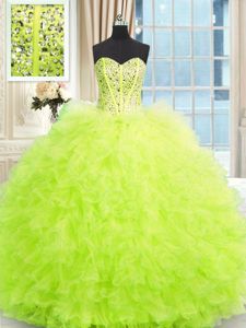 Most Popular Strapless Sleeveless Sweet 16 Dresses Floor Length Beading and Ruffles Yellow Green Tulle