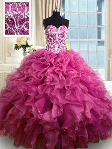 Floor Length Lace Up Dama Dress for Quinceanera Fuchsia and In for Military Ball and Sweet 16 and Quinceanera with Beading and Ruffles