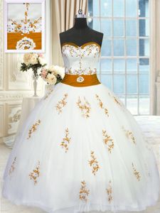White Sweetheart Neckline Appliques and Belt Quinceanera Gowns Sleeveless Lace Up