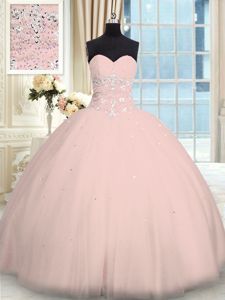 Luxurious Sleeveless Tulle Floor Length Lace Up Quinceanera Gowns in Pink for with Beading