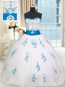 Lovely White Ball Gowns Sweetheart Sleeveless Tulle Floor Length Lace Up Embroidery and Belt 15 Quinceanera Dress