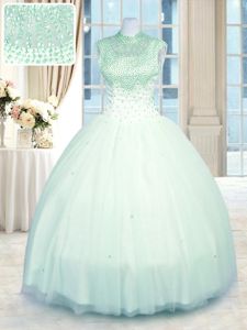 Exquisite Apple Green Tulle Zipper High-neck Sleeveless Floor Length Ball Gown Prom Dress Beading