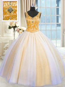 Appliques Ball Gown Prom Dress Baby Blue Lace Up Short Sleeves Floor Length