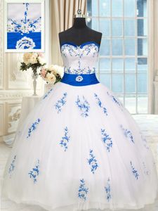 Glorious White Ball Gowns Appliques and Belt Quinceanera Dresses Lace Up Tulle Sleeveless Floor Length