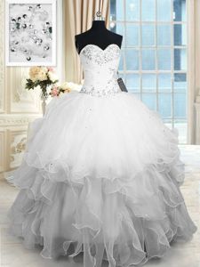 Dynamic White Ball Gowns Sweetheart Sleeveless Organza Floor Length Lace Up Beading and Ruffles Ball Gown Prom Dress