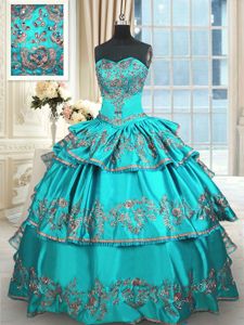 Aqua Blue Sweetheart Neckline Embroidery and Ruffled Layers Sweet 16 Dress Sleeveless Lace Up