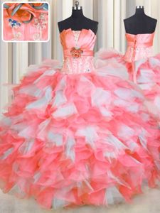 Free and Easy Floor Length Ball Gowns Sleeveless Pink And White 15 Quinceanera Dress Lace Up