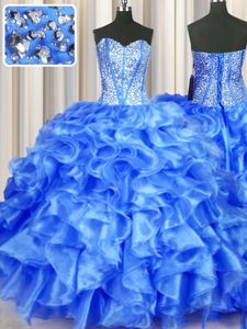Edgy Blue Ball Gowns Organza Sweetheart Sleeveless Beading and Ruffles Floor Length Lace Up Sweet 16 Dresses