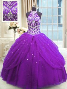 Tulle High-neck Sleeveless Lace Up Beading Quinceanera Dresses in Purple
