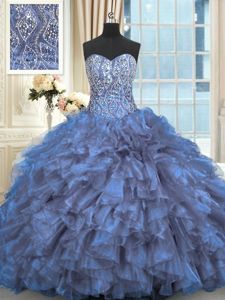 High End Fuchsia Lace Up Spaghetti Straps Beading and Sequins and Ruching Quinceanera Dresses Organza Sleeveless