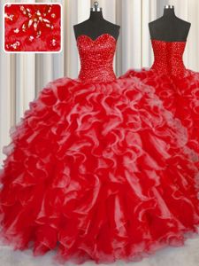 Comfortable Eggplant Purple Lace Up Sweetheart Beading and Ruffles Quinceanera Dresses Organza Sleeveless