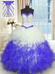 Simple Blue And White Lace Up Sweet 16 Dresses Beading and Ruffles Sleeveless Floor Length