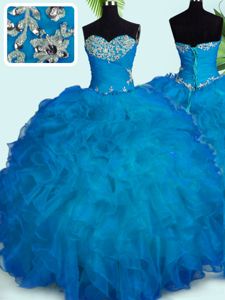 Floor Length Lace Up Quinceanera Dresses Blue and In for Military Ball and Sweet 16 and Quinceanera with Beading and Ruffles