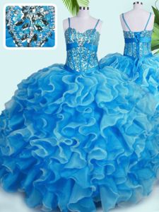 Deluxe Baby Blue Organza Lace Up Spaghetti Straps Sleeveless Floor Length Vestidos de Quinceanera Beading and Ruffles