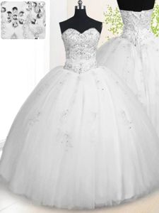 White Tulle Lace Up 15 Quinceanera Dress Sleeveless Floor Length Beading and Appliques