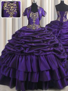 Admirable Purple Taffeta Lace Up 15th Birthday Dress Sleeveless With Brush Train Beading and Appliques and Pick Ups