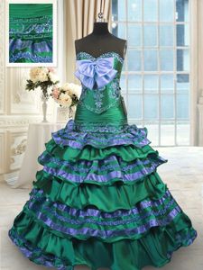 Decent Purple Taffeta Lace Up Ball Gown Prom Dress Sleeveless With Brush Train Beading and Appliques and Pick Ups