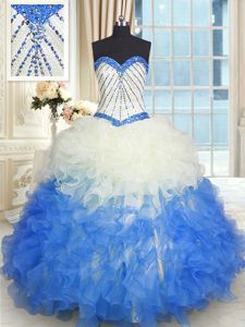 Customized Blue And White Organza Lace Up Sweet 16 Dresses Sleeveless Floor Length Beading and Ruffles