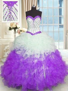 Flirting Sweetheart Sleeveless Organza Quinceanera Gowns Beading and Ruffles Lace Up