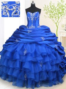 Elegant Royal Blue Lace Up Strapless Beading and Appliques and Ruffled Layers and Pick Ups Quinceanera Dress Organza and Taffeta Sleeveless Brush Train