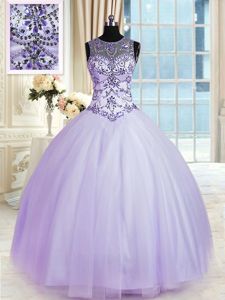 Low Price Lavender Tulle Lace Up Scoop Sleeveless Floor Length Quinceanera Gowns Beading