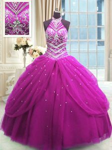 Fuchsia Lace Up High-neck Beading Damas Dress Tulle Sleeveless
