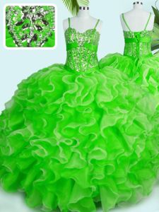 Floor Length 15th Birthday Dress Organza Sleeveless Beading and Ruffles