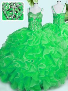 Floor Length Lace Up Vestidos de Quinceanera Green and In for Military Ball and Sweet 16 and Quinceanera with Beading and Ruffles