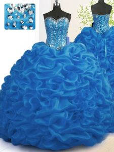 Royal Blue Sleeveless Organza Brush Train Lace Up Quinceanera Gown for Military Ball and Sweet 16 and Quinceanera