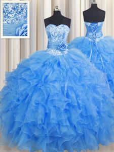 Visible Boning Organza Sleeveless Floor Length 15 Quinceanera Dress and Beading and Ruffles and Pick Ups