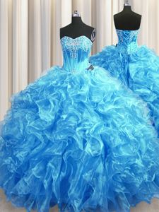 Fashionable Baby Blue Organza Lace Up Sweet 16 Dress Sleeveless Sweep Train Beading and Ruffles
