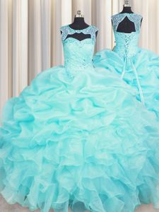 Fantastic Scoop Sleeveless Organza Quince Ball Gowns Beading and Pick Ups Lace Up