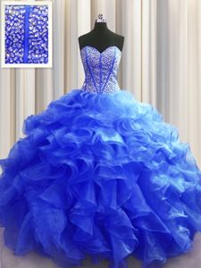 Trendy Visible Boning Royal Blue Lace Up Quinceanera Gowns Beading and Ruffles Sleeveless Floor Length