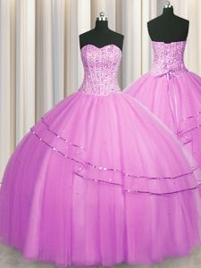 Visible Boning Really Puffy Tulle Sweetheart Sleeveless Lace Up Beading Quinceanera Gown in Lilac