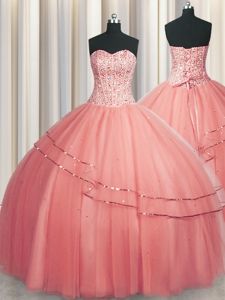 Modern Visible Boning Puffy Skirt Watermelon Red Sleeveless Tulle Lace Up Quinceanera Dresses for Military Ball and Sweet 16 and Quinceanera