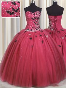 Coral Red Sweetheart Lace Up Beading and Appliques Vestidos de Quinceanera Sleeveless