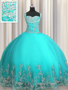 Organza Sleeveless Floor Length Ball Gown Prom Dress and Beading and Appliques