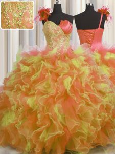 One Shoulder Handcrafted Flower Multi-color Tulle Lace Up 15th Birthday Dress Sleeveless Floor Length Beading and Ruffles and Hand Made Flower