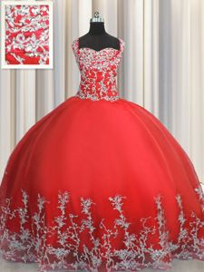 Edgy Ball Gowns Vestidos de Quinceanera Coral Red Straps Tulle Sleeveless Floor Length Lace Up