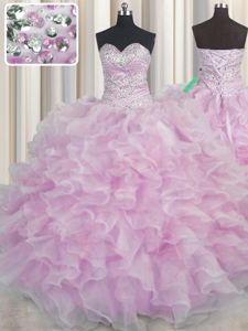 Smart Bling-bling Sleeveless Organza Floor Length Lace Up Quinceanera Dress in Lilac for with Beading and Ruffles