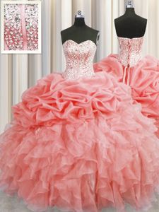 See Through Burgundy Ball Gowns Scoop Sleeveless Organza Floor Length Lace Up Beading and Pick Ups Quinceanera Dress