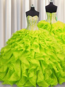 Deluxe Visible Boning Puffy Skirt Tulle Sleeveless Floor Length Vestidos de Quinceanera and Beading