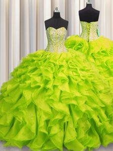 Baby Blue Ball Gowns Sweetheart Sleeveless Organza Floor Length Lace Up Beading and Ruffles and Ruching and Pick Ups 15th Birthday Dress