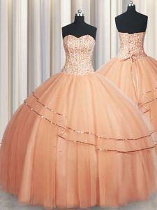 Pretty Visible Boning Really Puffy Peach Sleeveless Floor Length Beading and Ruching Lace Up Quinceanera Gown