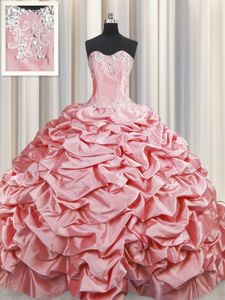 Sleeveless Taffeta Brush Train Lace Up Quinceanera Dresses in Baby Pink for with Beading and Pick Ups